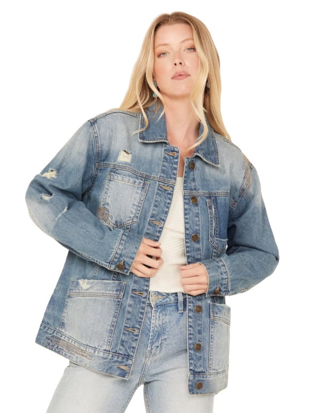 Cleo + Wolf Western Denim Chore Jacket Embroidered Dreamer Medium Wash Size: M